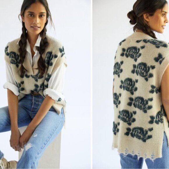 Anthropologie Distressed Floral Sweater Vneck Vest Size Large - Picture 2 of 16